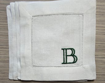 Monogrammed Linen Cocktail Napkins: Embroidered Initial Coasters (Set of 4)