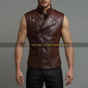 Brown Leather Biker Vest for Men - Sleeveless Motorcycle Waistcoat - Asymmetrical Zipper - Lace Up Back - Handmade Steampunk Gothic Vest
