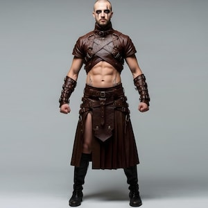 Men&#39;s Gladiator Leather Armor Costume - Viking Warrior LARP Outfit - Medieval Cosplay Battle Kilt, Armor Top & Bracers, Renaissance Attire