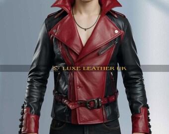 Vampire Gothic Leather Jacket For Men - Red And Black Cosplay Biker Coat - Halloween Vampire Costume - Steampunk Rocker Punk Festival Outfit