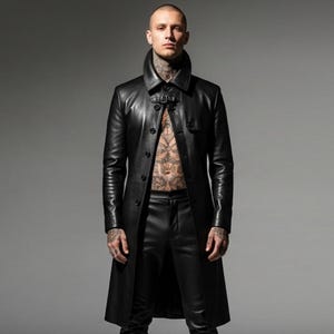 Men&#39;s Black Leather Matrix Trench Coat - Gothic Vampire Long Jacket, High Fashion Renaissance Overcoat, Steampunk Victorian Duster Long Coat