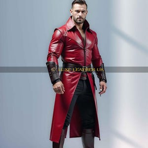 Men&#39;s Red Leather Trench Coat - Gothic Steampunk Long Jacket - Superhero Cosplay Outfit - Festival Costume - Renaissance Warrior Coat