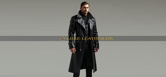Men's Leather Coat Handmade Leather Trench Coat Real Leather Black Long Coat Men's Gothic Leather Trench Coat