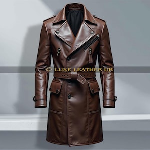 Men&#39;s Steampunk Leather Trench Coat - Brown Double Breasted Cosplay Jacket - Gothic Victorian Vampire Costume, Belted Pirate Halloween Coat