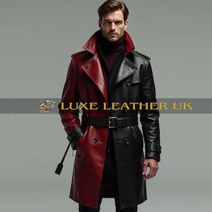 Men&#39;s Black And Red Leather Trench Coat - Gothic Steampunk Long Coat - Handmade Biker Leather Jacket For Men - Unique Cosplay Outerwear