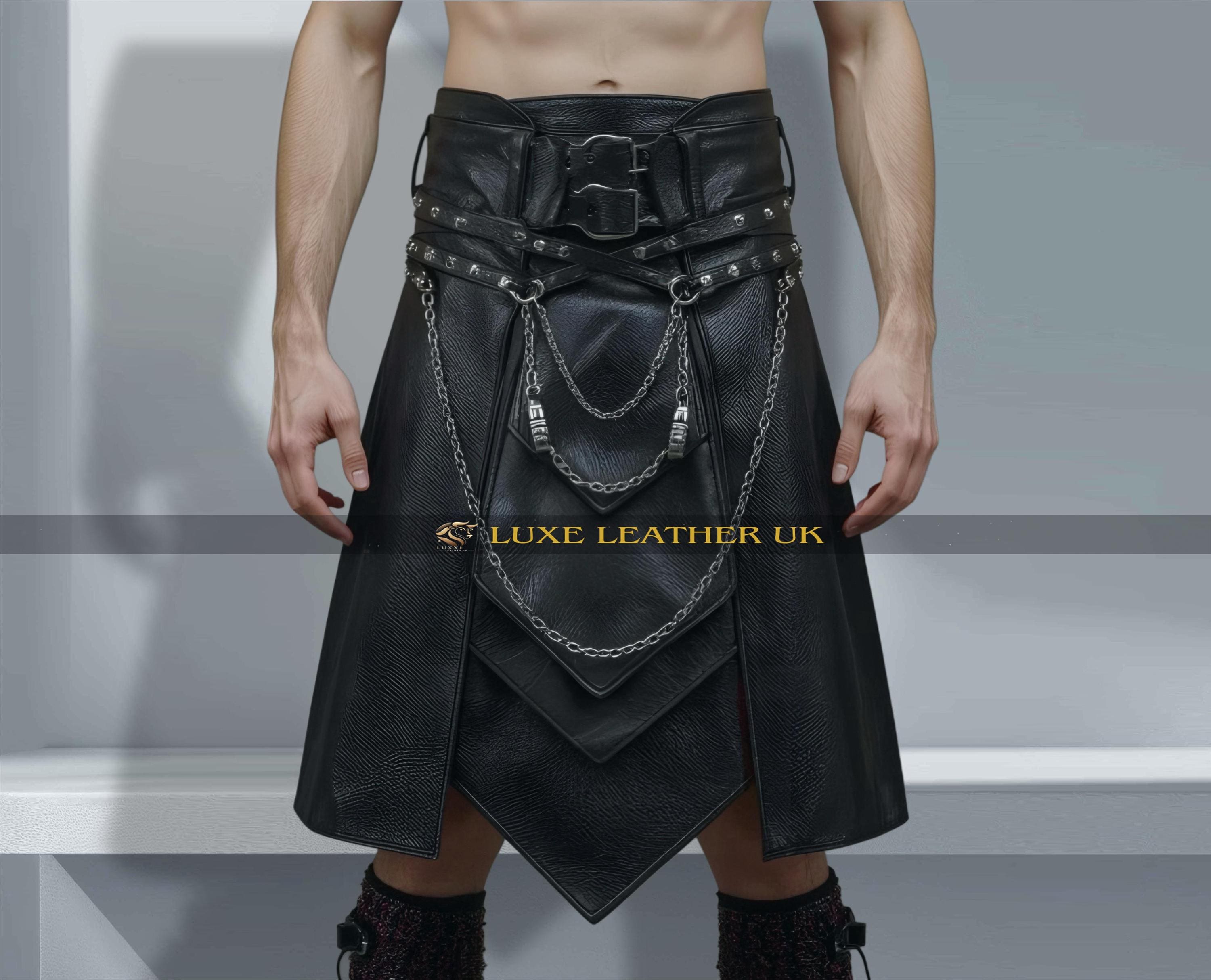 Scottish Leather Kilt For Men Punk Rock Utility Skirt Gothic