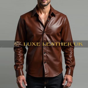 Men&#39;s Leather Shirt Handmade Brown Leather Shirt Genuine Leather Casual Shirt Soft Leather Shirt For Men Gift For Him