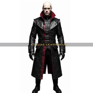 Men&#39;s Gothic Vampire Leather Trench Coat, Black And Red Steampunk Cosplay Jacket, Attached High Collar Vest, Layered Shoulders, Warlord Coat