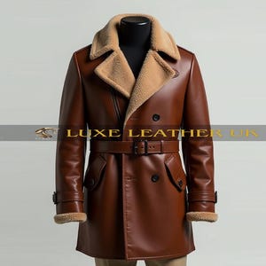 Men&#39;s Brown Shearling Leather Coat - Genuine Sheepskin Winter Jacket - Vintage Aviator Style Outerwear - LuxeLeatherUk Handmade Coat