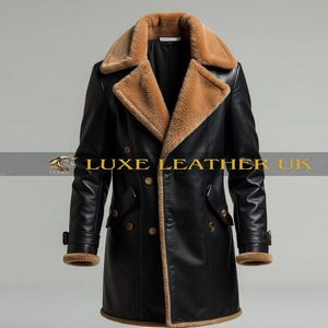 Men&#39;s Black Leather Shearling Trench Coat - Genuine Shearling Long Coat - Handmade Winter Leather Overcoat - Warm Premium Outerwear
