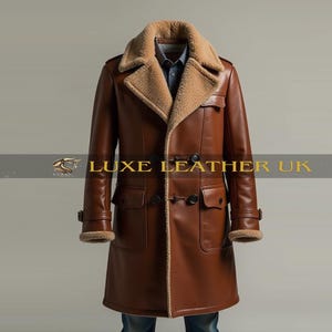 Men&#39;s Brown Leather Shearling Trench Coat - Genuine Premium Shearling Long Coat - Handmade Warm Brown Winter Coat - Stylish Leather Coat