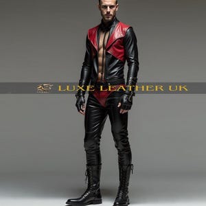 Men&#39;s Black And Red Leather Jacket & Pants Set, Gothic Biker Outfit, Handmade Slim Fit Leather Suit, Rocker Punk Motorcycle Gear, Custom Fit