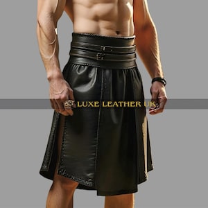 Men&#39;s Black Leather Kilt - Gothic Gladiator Warrior Costume - Steampunk Utility Kilt - Handmade Leather Cosplay Skirt, Tailored Punk Fashion