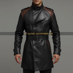 Men&#39;s Gothic Leather Trench Coat - Steampunk Cosplay Vampire Jacket - Black And Brown Long Military Coat - Handmade Halloween Costume