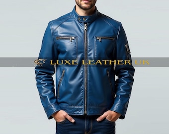 Men&#39;s Blue Leather Biker Jacket - Genuine Leather Motorcycle Jacket - Handmade Stylish Slim Fit Jacket - Casual & Streetwear Jacket