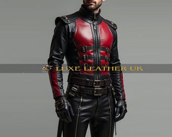 Men&#39;s Red And Black Leather Jacket, Gothic Steampunk Buckle Jacket, Handmade Festival Outfit, Cosplay Costume Jacket, Rock Leather Apparel