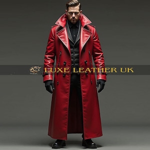 Men&#39;s Premium Red Leather Steampunk Trench Coat - Long Gothic Victorian Coat - Unique Handmade Leather Jacket For Men - Cosplay Costume Wear
