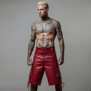 Men&#39;s Red Leather Lace-Up Streetwear Shorts - Designer Festival Biker Pants - Viking LARP Cosplay Pants - Gothic Punk Luxury Rave Outfit