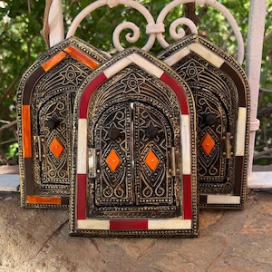 Handmade Moroccan Arched Mirror with Doors – Bone Inlay Brass Frame – Ethnic Wall Decor – Berber Artisan Home Accent