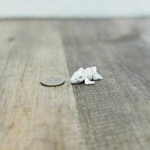 May include: A small, white, plastic lizard skeleton figurine next to a coin. The figurine is lying down on a wooden surface. The lizard skeleton is approximately 2.5 cm long.