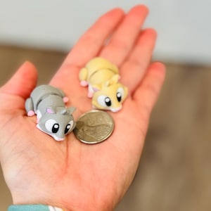 以下が含まれることがあります： 大きな目とピンクのアクセントが付いた、グレーと黄色の2つの小さなハムスターのおもちゃのフィギュアが手に持たれています。 手にはコインも入っています。 フィギュアは横になっています。 背景はぼやけています。
