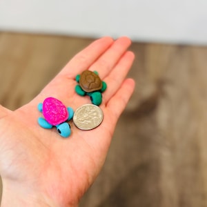 May include: Two miniature polymer clay turtles, one with a pink shell and blue accents, the other brown and green. A US quarter is next to the turtles. The turtles are on a person's open palm.
