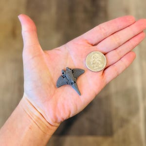 May include: A small, gray stingray figurine with detailed wing patterns and a pointed tail, next to a quarter coin. The figurine is held in a hand, showcasing its size.
