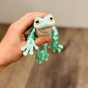 Könnte beinhalten: Eine hellgrüne Froschfigur mit großen, runden gelben Augen und einem hellbraunen Bauch. Der Frosch wird in einer Hand gehalten und hat bewegliche Gliedmaßen. Die Haut des Frosches hat ein strukturiertes Aussehen.
