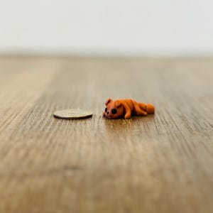May include: A miniature orange clay dog figurine lying down next to a quarter coin on a wooden surface. The dog has black eyes and is in a relaxed pose. The background is a plain white wall.