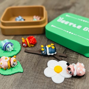 Op de afbeelding: Een verzameling kleurrijke, miniatuur keverbeeldjes, waaronder rode, blauwe en roze ontwerpen, zijn gerangschikt op een houten oppervlak. Sommige kevers rusten op bladvormige bases, een bloem en een tak. Een groene doos met de tekst "Beetle Box" is ook aanwezig.