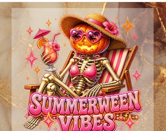 Summerween Vibes DTF Transfer for Ready to Press, Pumpkin Skeleton Beach Ready to Apply for Heat Press, Summer Halloween DTF, Cute Pink Png