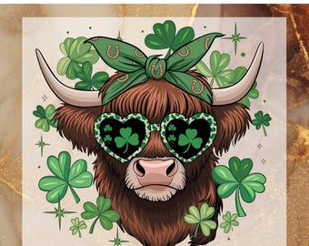 Lucky Highland Cow St. Patrick's Day Ready To Press DTF, St. Patrick's Cow DTF Transfer, Shamrock Cow DTF Print, Cute Cow Lover Gifts