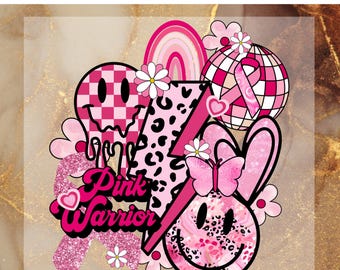 May include: A DTF transfer design with a pink theme, featuring a smiley face, lightning bolt, rainbow, and a globe with a pink ribbon. The words "Pink Warrior" are also included in the design. The design is surrounded by flowers and a butterfly.