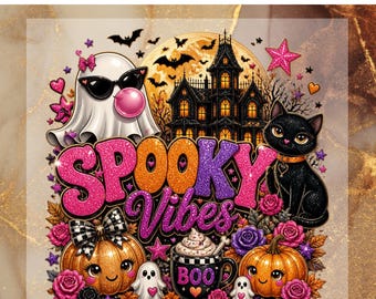 Spooky Vibes DTF Transfer for Ready to Press, Ghost Cat Pumpkin Ready to Apply for Heat Press, Pink Glitter Halloween DTF, haunted house Png