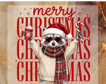 Christmas Raccoon DTF Transfer, Santa Hat Coffee Ready To Press, Cute Holiday Animal Heat Transfer
