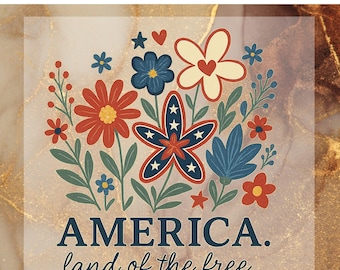 May include: A floral design with red, white, and blue flowers, stars, and hearts. The text "AMERICA. land of the free" is at the bottom. The words "READY TO PRESS DTF TRANSFER" are at the top.
