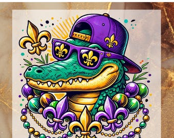 May include: A green alligator wearing a purple hat with a fleur-de-lis design and sunglasses. The alligator is surrounded by a beaded necklace with green and purple beads and fleur-de-lis charms.