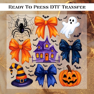 May include: A selection of Halloween-themed DTF (Direct to Film) transfer designs. Features a spider and web, orange and blue bows, a ghost, bats, a haunted house, a witch's hat, and a jack-o'-lantern. The text "READY TO PRESS DTF TRANSFER" is at the top.