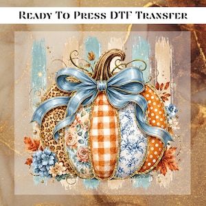 Blue Bow Pumpkin DTF Transfer for Ready to Press, Patchwork Fall Pumpkin Ready to Apply for Heat Press, Coquette Autumn DTF,Thanksgiving Png