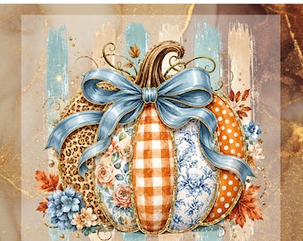 Blue Bow Pumpkin DTF Transfer for Ready to Press, Patchwork Fall Pumpkin Ready to Apply for Heat Press, Coquette Autumn DTF,Thanksgiving Png