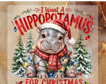 Christmas Hippopotamus DTF Transfer, Santa Ready To Press, Cute Hippo Holiday Heat Transfer