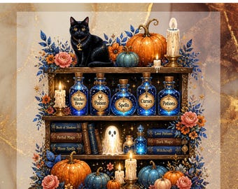Black Cat Halloween DTF Transfer for Ready to Press,Witch Potion Shelf Ready to Apply for Heat Press,Spooky Apothecary DTF,Ghost Pumpkin Png