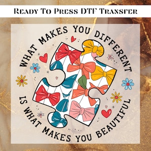 Autism DTF Transfer Ready to Press,Autism Bow Apply for Heat Press, Autism Awareness DTF Print,Puzzle Autism Ribbon, Autism Life Sublimation