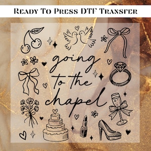 May include: Black and white illustration of wedding-themed icons, including a pair of doves, a wedding cake, a ring, a glass of champagne, a lipstick, a high heel shoe, a bouquet of flowers, a bow, a cherry, and the text "going to the chapel".