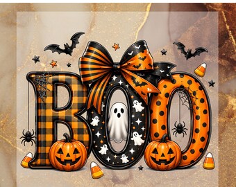 Halloween BOO DTF Transfer, Cute Fall Ready To Press, Ghost Pumpkin Bow Heat Transfer