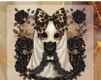 Cute Ghost Black Cat DTF Transfer for Ready to Press, Coquette Halloween Ready to Apply for Heat Press, Leopard Bow DTF, Spooky Fall Png
