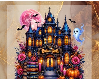 Books and Spells DTF Transfer for Ready to Press, Halloween Bookstore Ready to Apply for Heat Press, Ghost Pumpkin DTF, haunted house Png