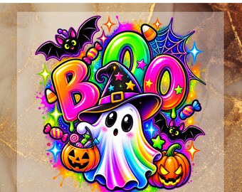Rainbow Halloween BOO DTF Transfer, Colorful Spooky Pumpkin Ready To Press, Cute Ghost Witch Hat Heat Transfer