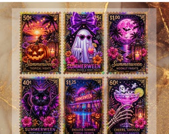 Summerween Stamps DTF Transfer for Ready to Press, Ghost Black Cat Pumpkin Ready to Apply for Heat Press, Tropical Halloween DTF, Summer Png