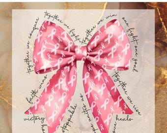 May include: Pink ribbon bow with a white background. The bow is covered in smaller pink ribbons with the words "together we fight", "together we win", "together we rise", "faith wins", "victory", "hope", "unstoppable", "hope uniter", "us", "love heals", "one fight. one goal" written around the bow.